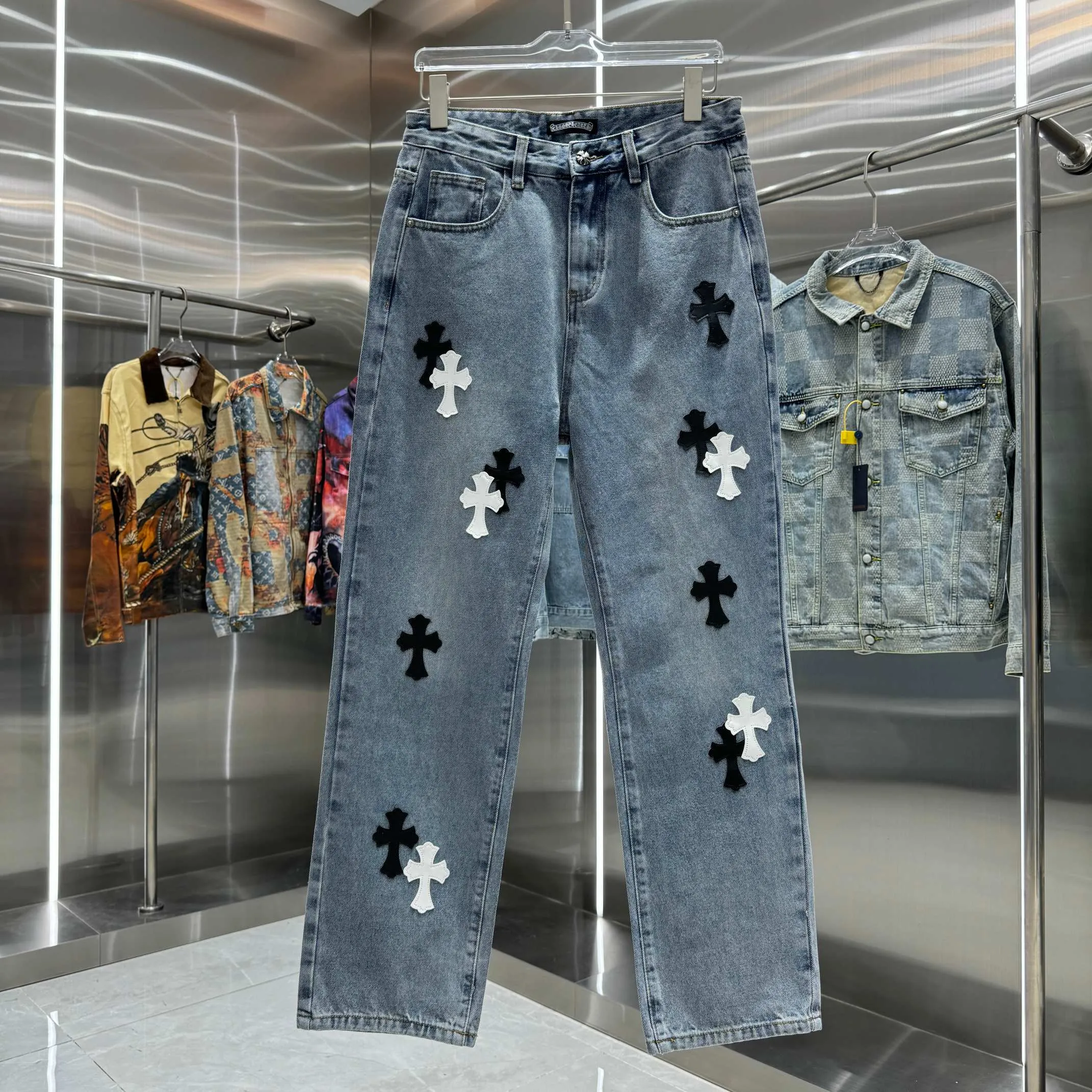 🅿️270 Crow Heart Cross Logo + Printed Horseshoe Logo Jeans 2025 latest product, original goods, washed casual jeans, imported original washed stretch fabric, comfortable and elastic, original hardware accessories decorated with logo, super correct version, extremely high grade, counter quality, fashionable and stylish upper body. The printing uses imported white foam printing, custom buttons, YKK zippers. The full set of accessories is customized in a one-to-one mold. Color: blue Size: S-XXL 28 30 32 34 36 codes
